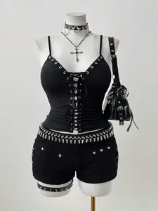 Zesty ZESTY NOX Gothic Style ZESTY OBLYX Goth Vibes Gothic Style Sunspun Plus Size Dark Goth Style "Vacation" Eyelet Lace-Up Decor Tank Top
