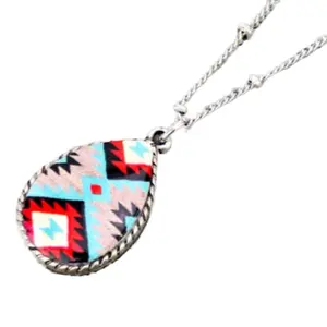 Aztec Pattern Teardrop Pendant Necklace with Colorful Design and Chain