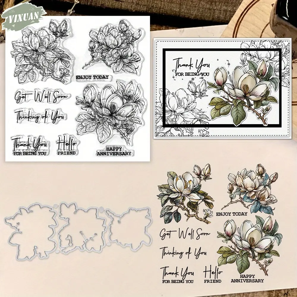 Magnolia Flowers Cutting Dies - Clear Stamp Set for DIY Scrapbooking Supplies - Metal Dies Silicone Stamp for Cards Albums Crafts Decor