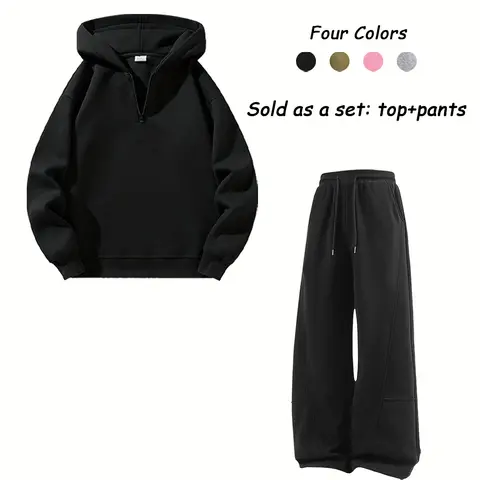 Men’s 2 Piece Hooded Sweatshirt Set Multicolor Half Zip, Polyester Loose Fit Casual Sporty Street Style, Drawstring Hood, Medium Length Wide Leg Pants, Soft, Machine Washable