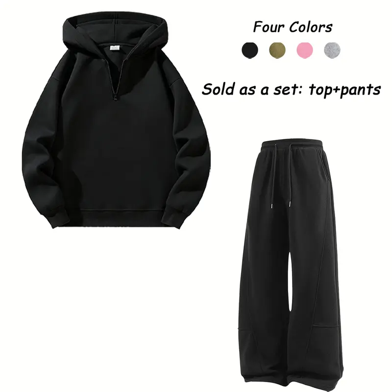 Men’s 2 Piece Hooded Sweatshirt Set Multicolor Half Zip, Polyester Loose Fit Casual Sporty Street Style, Drawstring Hood, Medium Length Wide Leg Pants, Soft, Machine Washable