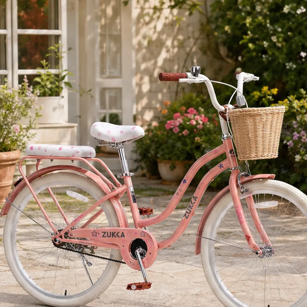 Vintage Steel Cruiser Bike, 24-Inch Bicycle for Women and Girls, Single-Speed City Commuter with Front Wicker Basket and Rear Rack, Peach Pink