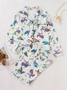 Women's Sea Turtle Coral Printed Button Pajamas Set, Soft Breathable Fabric, Long Sleeves Casual Sleepwear, All Season Comfort