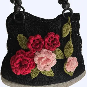 Handmade Crochet Bag Black with Roses - Simple Product Title Using Provided Information