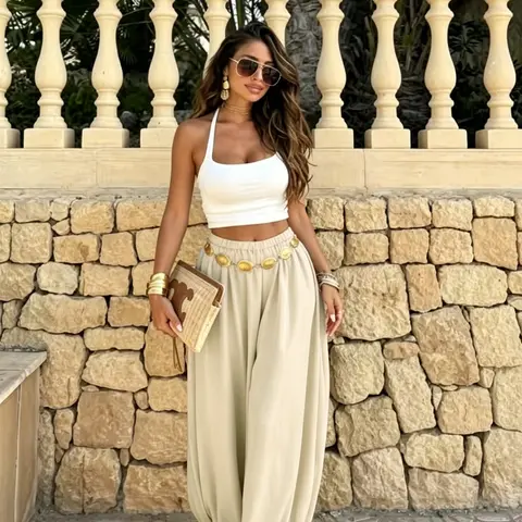Summer Women's Casual Fashion Plain Long Pants, Loose-Fit Harem Style, Ankle-Length, Elastic Waist, Ideal for Daily Wear, Loose Fitted Trousers