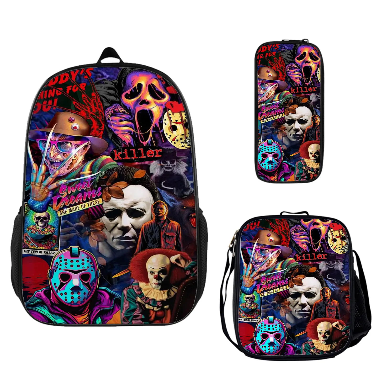 Horror Movie Large Capacity Backpack 3-Piece Set, School Bookbag with Insulated Lunch Box and Pencil Pouch for Teen Boys Girls, Lightweight Travel Daypack Birthday Gift for Fans c-97