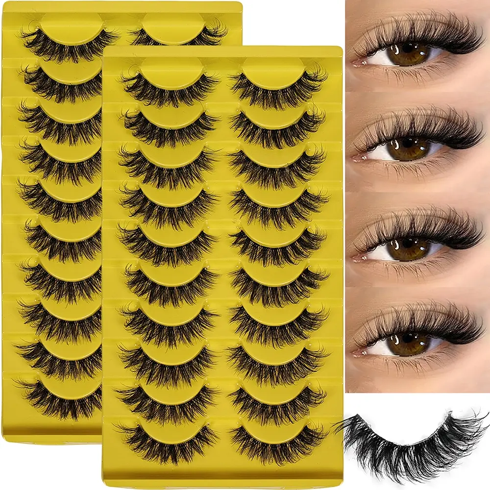 Natural Fluffy Synthetic False Eyelashes, Wispy Lashes, Volumized False Eyelashes, 3D Volume Strip Lashes, D Curl Fake Eyelashes with Clear Band, 20 Pairs/2 Pack