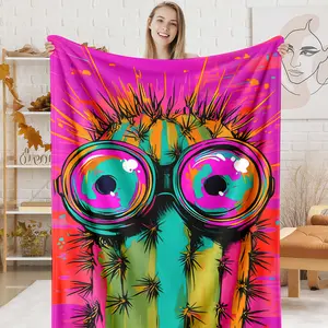 Psychedelic Cactus Sunglasses Pop Art Blanket, 1 Count Soft Warm Flannel Throw, Aesthetic Funky Cactus Blanket for Home Office Travel