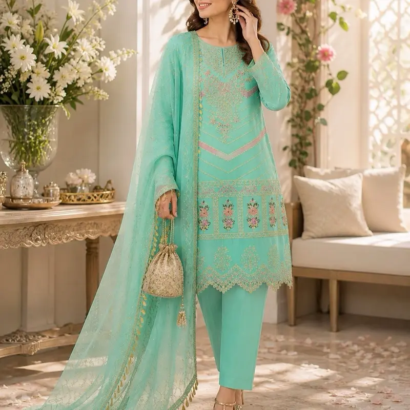 Party Wear Kameez Shalwar in Mint Green with Floral Embroidery and Lace Details