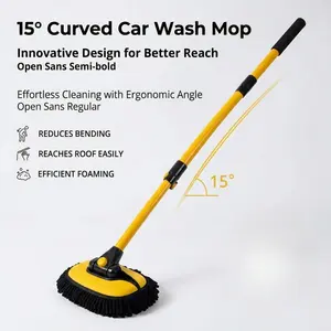 15 Curved Telescopic Car Wash Mop, Car Cleaning Tool, Chenille Microfiber Scratch-Free Cleaning Brush with Detachable Head, Reduces Bending, Reaches Roof Easily, Efficient Foaming Design, for Car Exterior Care, RV, Truck, SUV Cleaning, Auto Detail