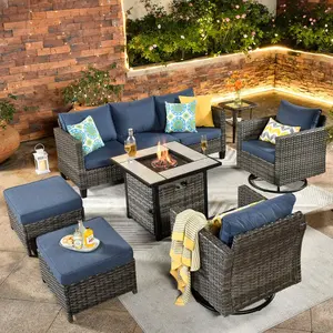 【Summer Vibes】Ovios Patio Furniture Set 7-Piece Outdoor Wicker Rattan Sectional Sofa Set with Cushions, 30'' Propane Fire Pit Table & Rocking Swivel Chairs, All-Weather Conversation Set for Backyard Garden Deck