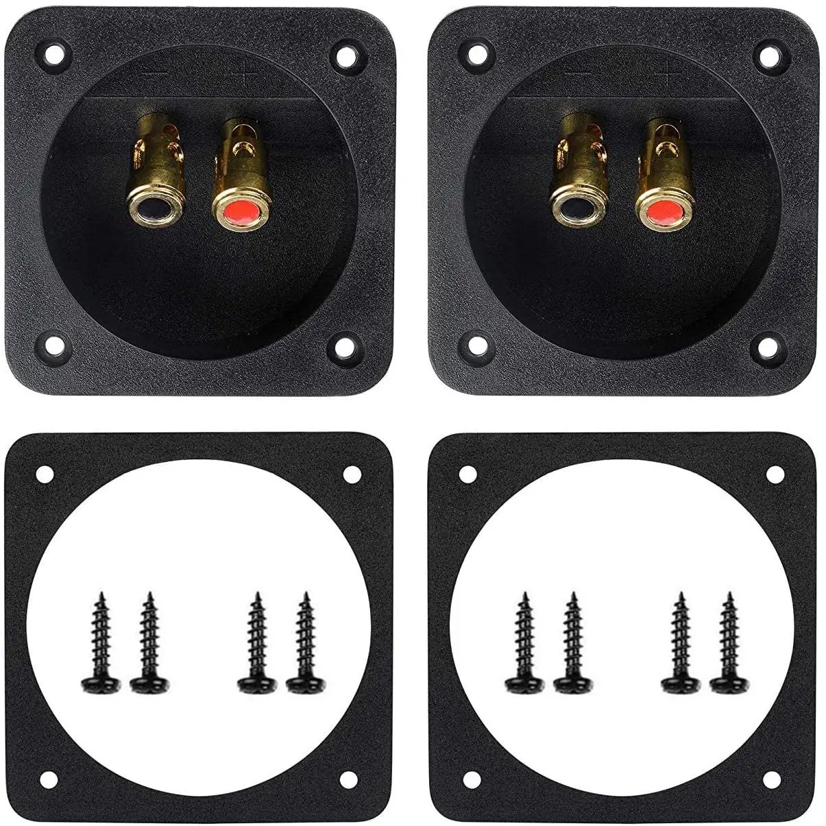 2 Pcs Gold Plate Round Spiral Push Spring-Loaded Jacks - 3.1 In Audio Subwoofer Speaker Box Terminal Cups, 80mm Diameter, 68mm Cut Out Diameter, Quick Disconnect Connector, 8pcs Screws, for DIY Users