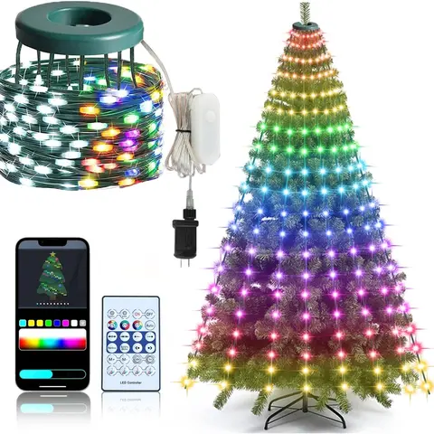IP65 Waterproof Modern 8-Color Christmas Tree String Lights - 200 LED Ring, 6.6ft 10 Lines, Smart APP & Remote Control, Music Sync, USB/Adapter Powered LED Mood Light for Christmas Wedding Outdoor Decor, Outdoor Decoration Light