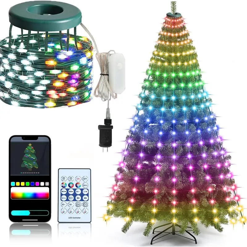 IP65 Waterproof Modern 8-Color Christmas Tree String Lights - 200 LED Ring, 6.6ft 10 Lines, Smart APP & Remote Control, Music Sync, USB/Adapter Powered LED Mood Light for Christmas Wedding Outdoor Decor, Outdoor Decoration Light