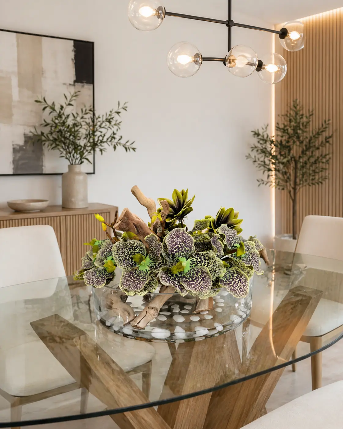 BOWL WITH ORCHIDS, MAGNOLIAS AND WOOD