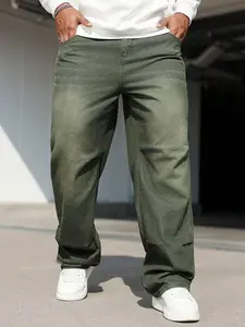 Plus Size Men's Casual Everyday Washed Slant Pocket Straight Leg Jeans