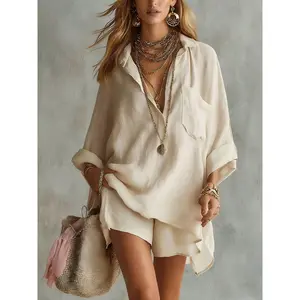 2026 Summer New Women's Fashion Cotton Linen Pockets Beach Shorts Shirt Set