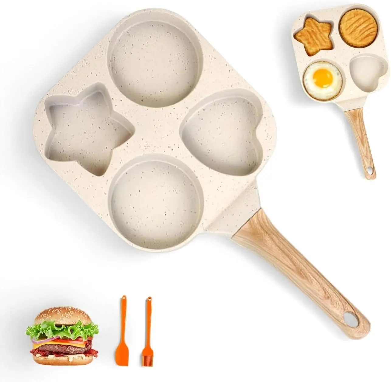 4-Hole Nonstick Breakfast Egg Pan with Wooden Handle,Multi-Function Skillet for Eggs,Pancakes,Burgers & Sandwiches,Easy Clean Cookware for Quick Family Breakfast,Kitchen Essentials & Home Cooking,busy mom Back to School