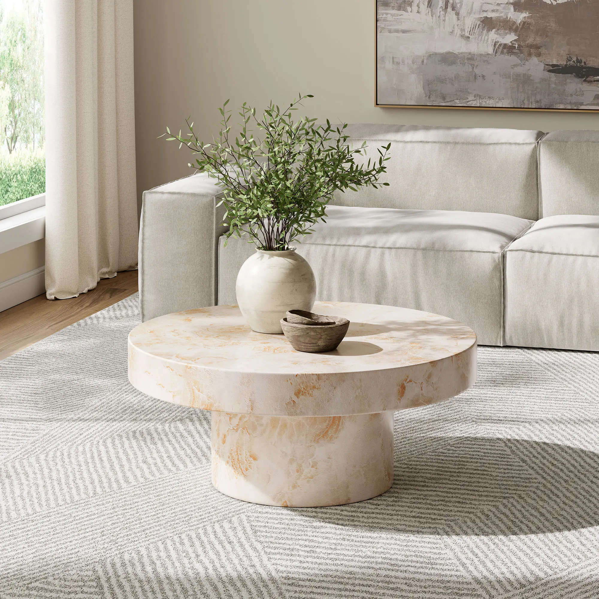 Alora Indoor - Outdoor Patio Concrete Round Coffee Table in Honey Onyx Alora Indoor - Outdoor Patio Concrete Round Coffee Table in Honey Onyx