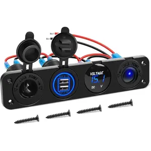 4 in 1 ON Off Charger Panel Dual USB Outlet LED Voltmeter Cigarette Lighter Lighted Rocker Toggle Switches for Truck Car Marine Boats RV, Blue (Switch 157B)