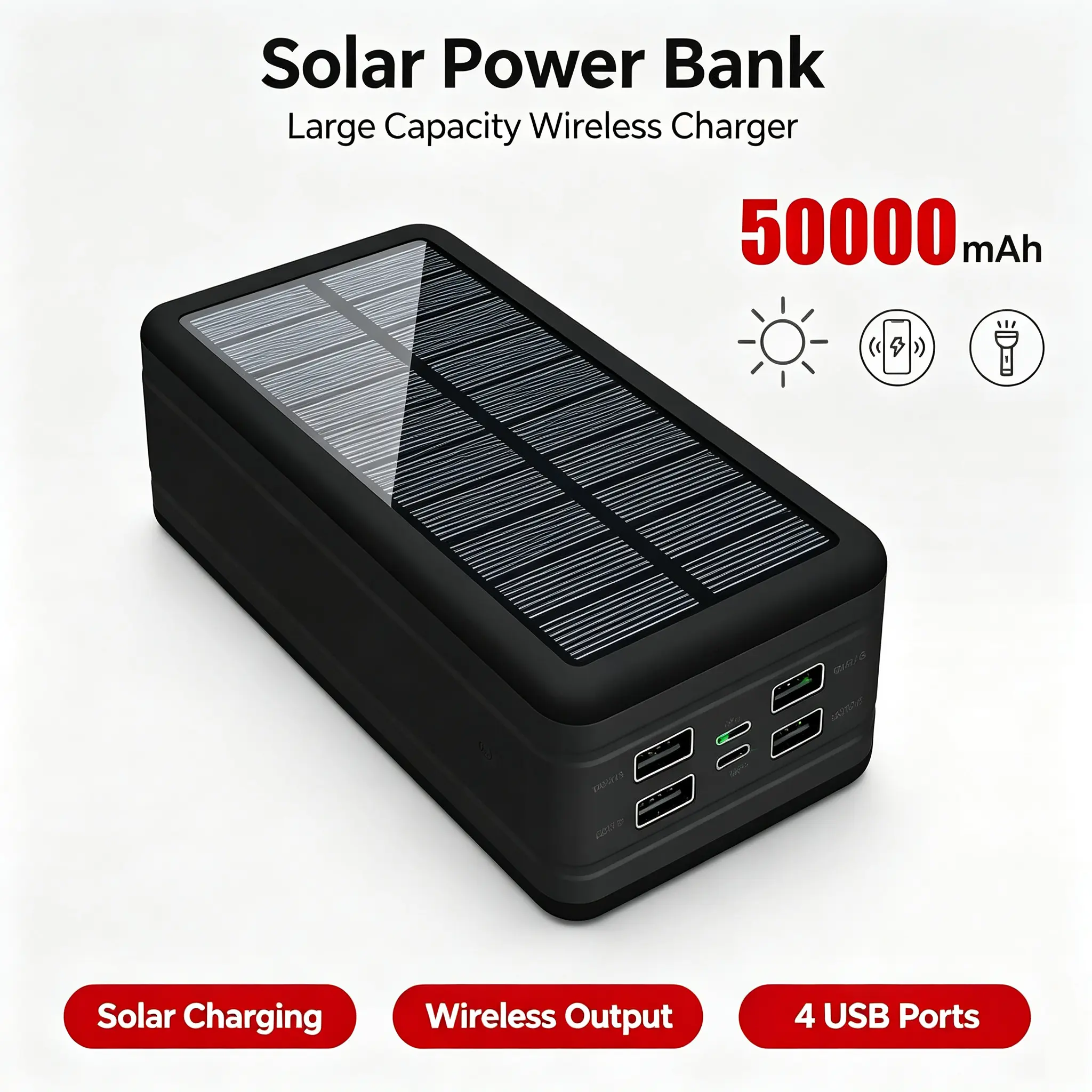 50000mAh Portable Solar Power Bank, Emergency Battery Pack with LED Flashlight, 4 USB-A Outputs, Waterproof Outdoor Design for Smartphones & Mobile Devices