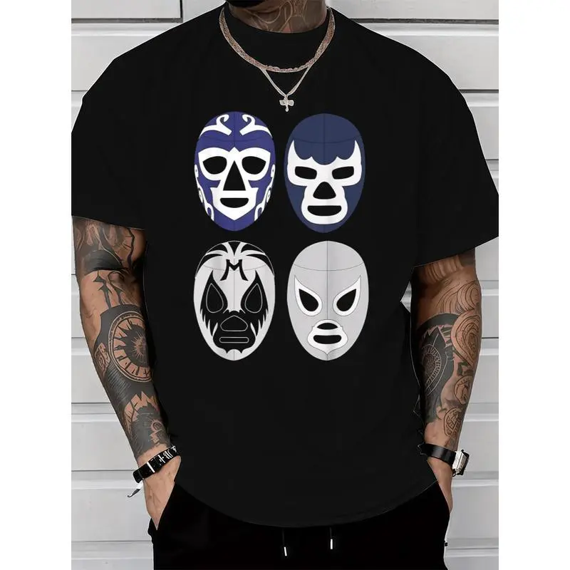 Men's Lucha Libre Graphic T-Shirt - 100% Cotton Crew Neck Short Sleeve Top with Geometric Mask Design, Chic Street Fashion Cute Menswear with Consistent Fit, Sporty Chic, Basic