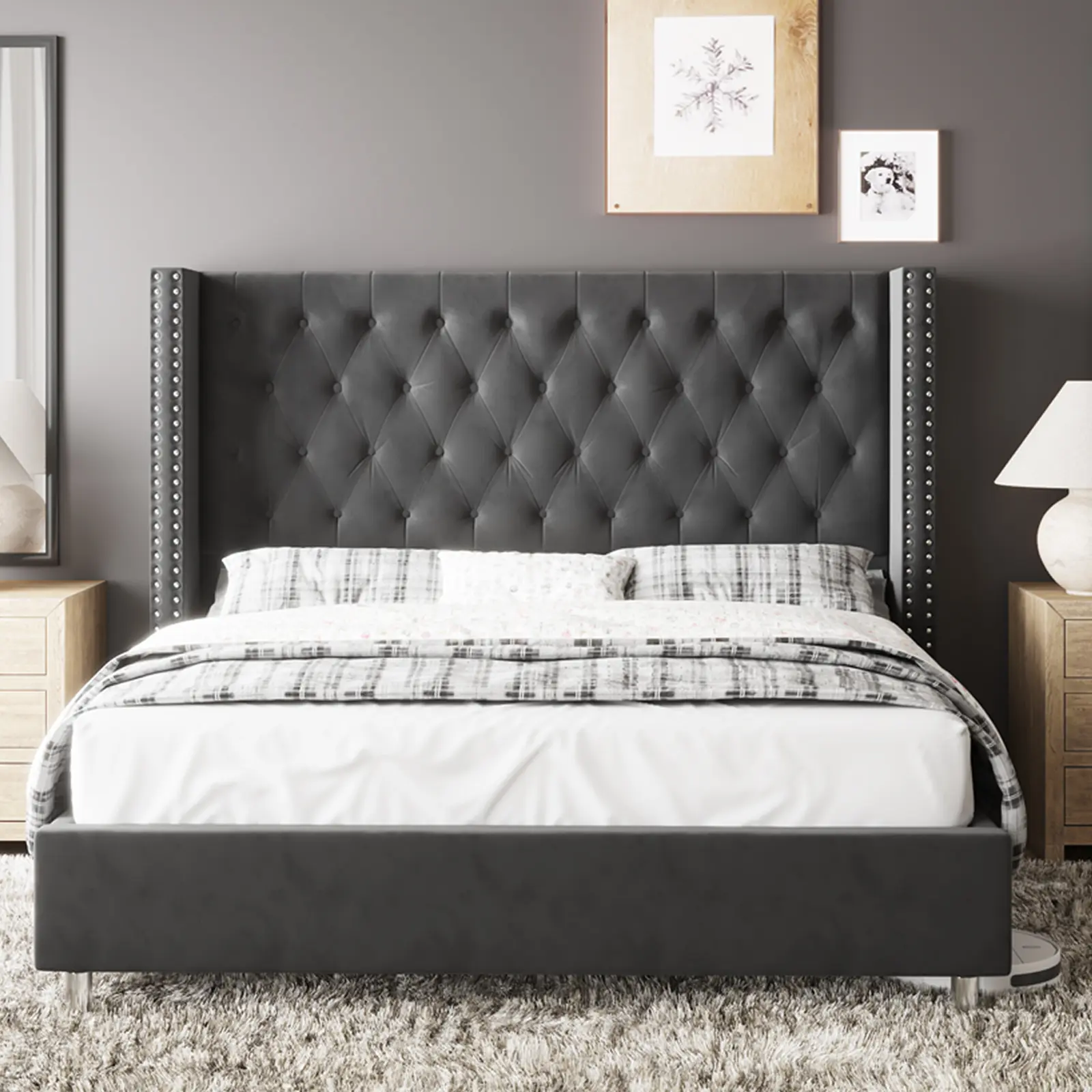 VanAcc Upholstered Bed Frame with 49.2" Tall Headboard, Modern Wingback Platform Bed, Low Profile Velvet Tufted Button, No Box Spring Needed #homemakeover