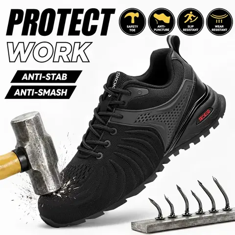 SKOKOD Men's Steel Toe Work Safety Shoes - Composite Toe, Puncture-Proof, Lightweight, Breathable Upper Keeps Feet Airy, Construction Anti-Slip, Durable, Comfortable for Workers Gardening, Non Slip Shoes for Work, Casual Outdoor Footwear