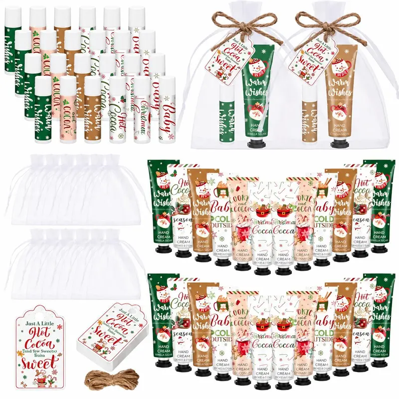 Hand Cream and Lip Balm Christmas Gift Sets for Women, Mini Hand Cream, Body Lotion, Nail File, Organza Bags and Greeting Cards, Hot Cocoa-Themed Gifts for Coworkers, Employees and Teachers, Christmas Party Favors Body Care Skin Repair