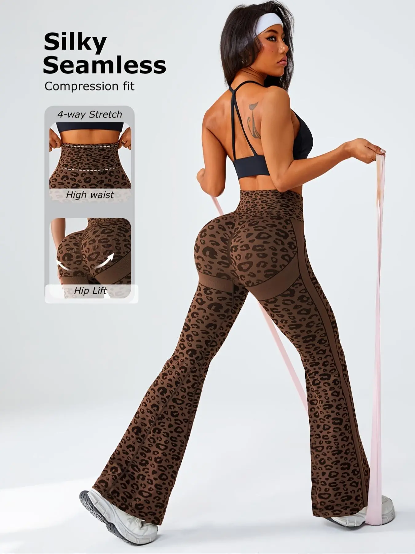 Women's Seamless Knitted Leopard Texture Yoga Flare Pants, High Waist Butt Lifting Control, Casual Fashion Workout Bottoms, Leopard Print Leggings, High Stretch Bottoms