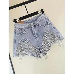 Women's High Waist Ripped Denim Shorts, Inlaid with Rhinestones and Pearl Tassels, Soft Frayed Edges, Comfortable Summer Denim Shorts - Light Blue Vintage Design, High Waist Shorts Womenswear Bottom