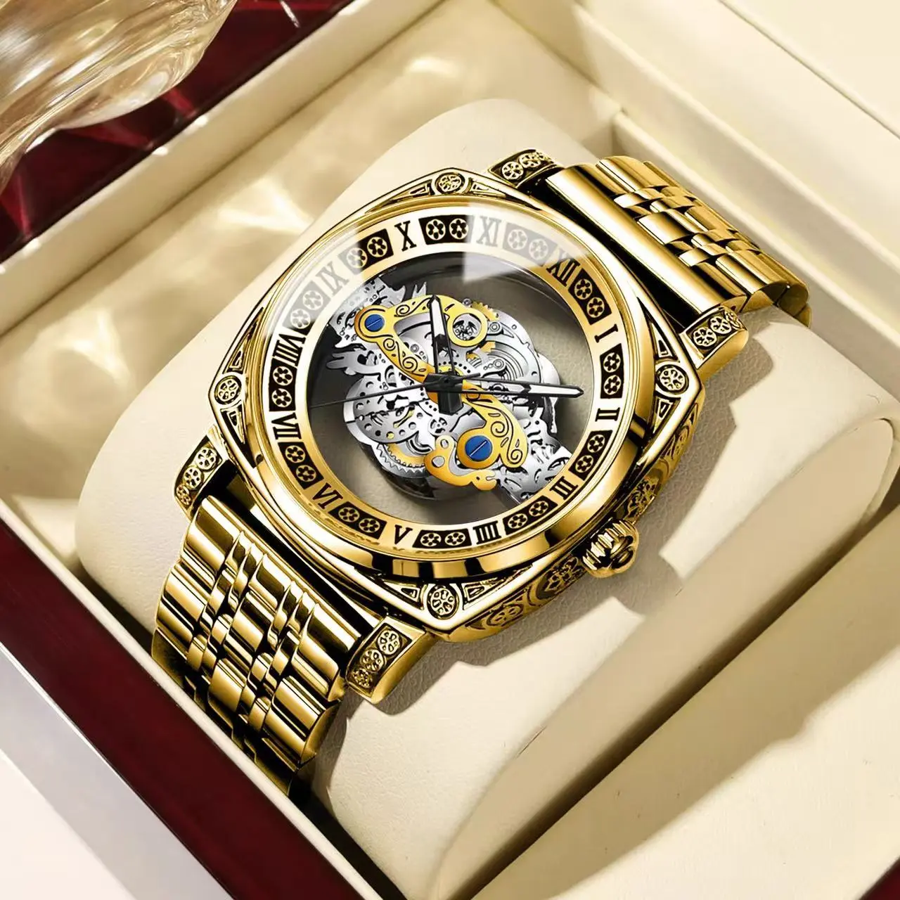 Men's Retro Casual Fashion Watch with Genuine Leather Strap, Large Dial with Engraved Openwork Tourbillon, Unique Gifts for Man, Fashionable Wristwatch