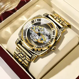 Retro-style new men's quartz watch with engraved openwork tourbillon, casual genuine leather, large dial.