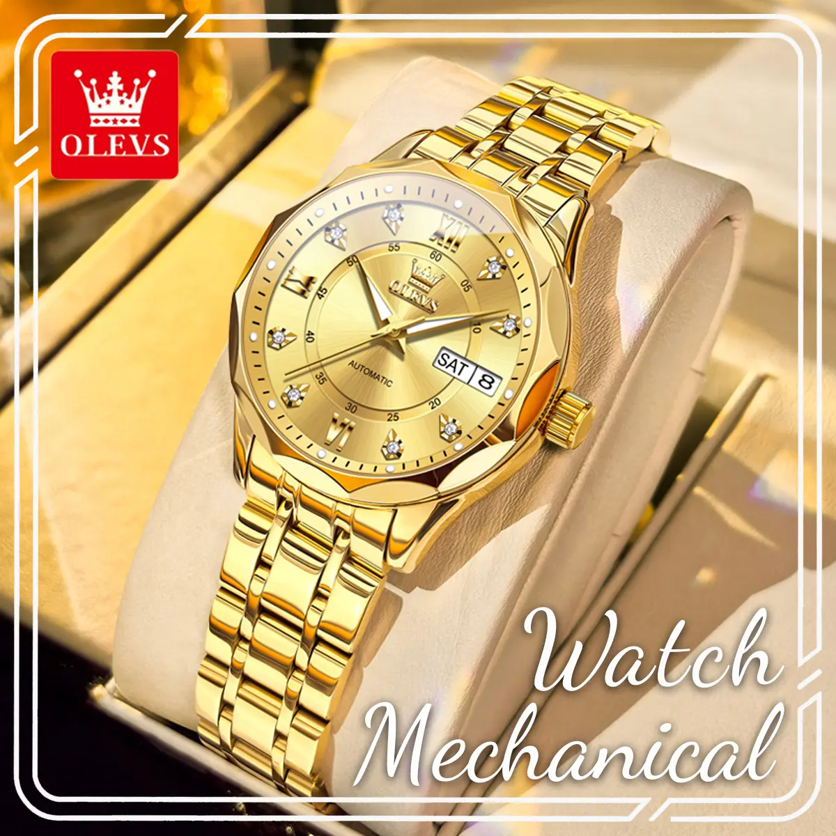 OLEVS 6727 Women's Automatic Analog Round Watch, Luxury Elegant Stainless Steel with Waterproof Luminous Dial, Day Date Display and Clasp, Luminescent Dial