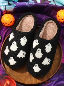 Women's 2024 Cute Cartoon Ghost Print Plush Slippers, Fuzzy House Slippers, Soft Comfortable Fluffy Home Slippers, Warm Slippers for Indoor & Outdoor Use for Gifts, Back To School, Fall Outfits, Fall Freshness, Warm Home Shoes