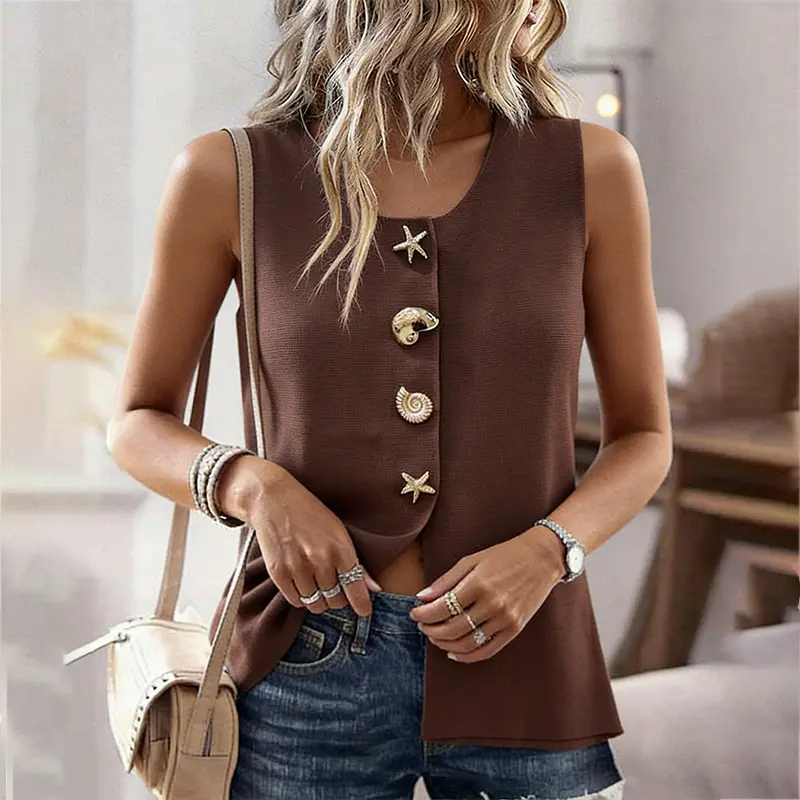 CHICME Women's Knit Tank Top Starfish Shell Gold Button Sleeveless Vest Beach Vacation Mermaidcore Top