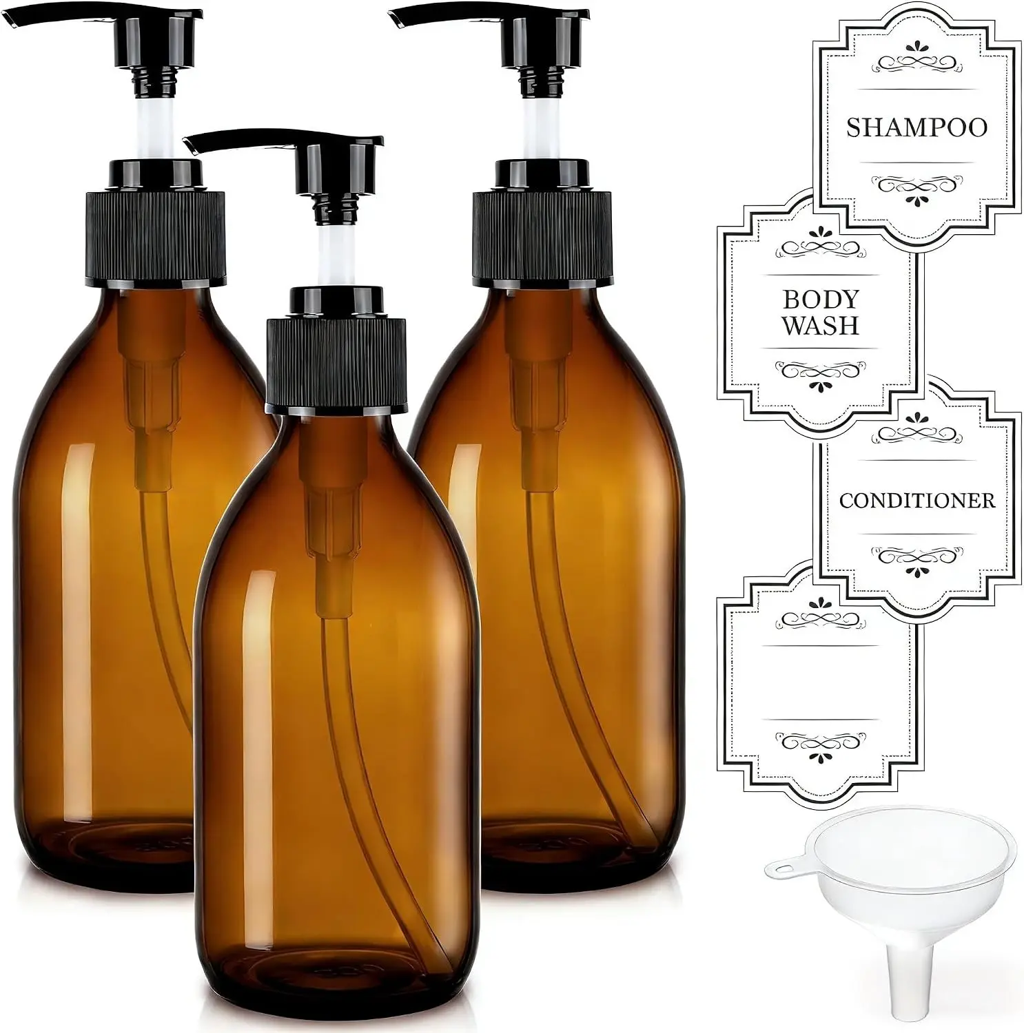 8oz Amber Glass Pump Bottle, Dark Empty Soap Dispenser for Oil | Refillable Lotion Dispensers, Include Funnel, Labels - UV Block, Smooth 2CC Pump, BPA-free, Thick Glass, 250ml 3 Pack