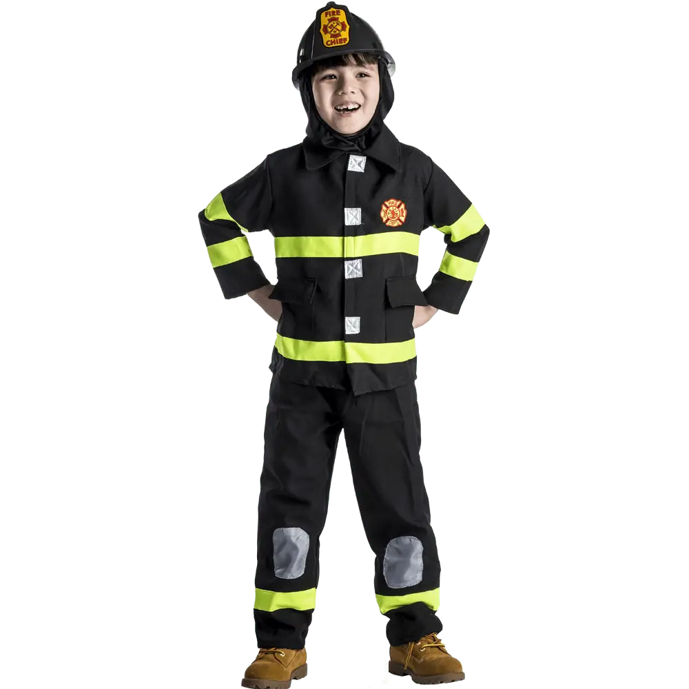 Kids' Firefighter Costume Set - Include Black Fireman Jacket, Pants & Hood Boys Costume For Halloween, Role Play , Pretend Play Fun, Theme Party & Cosplay Party