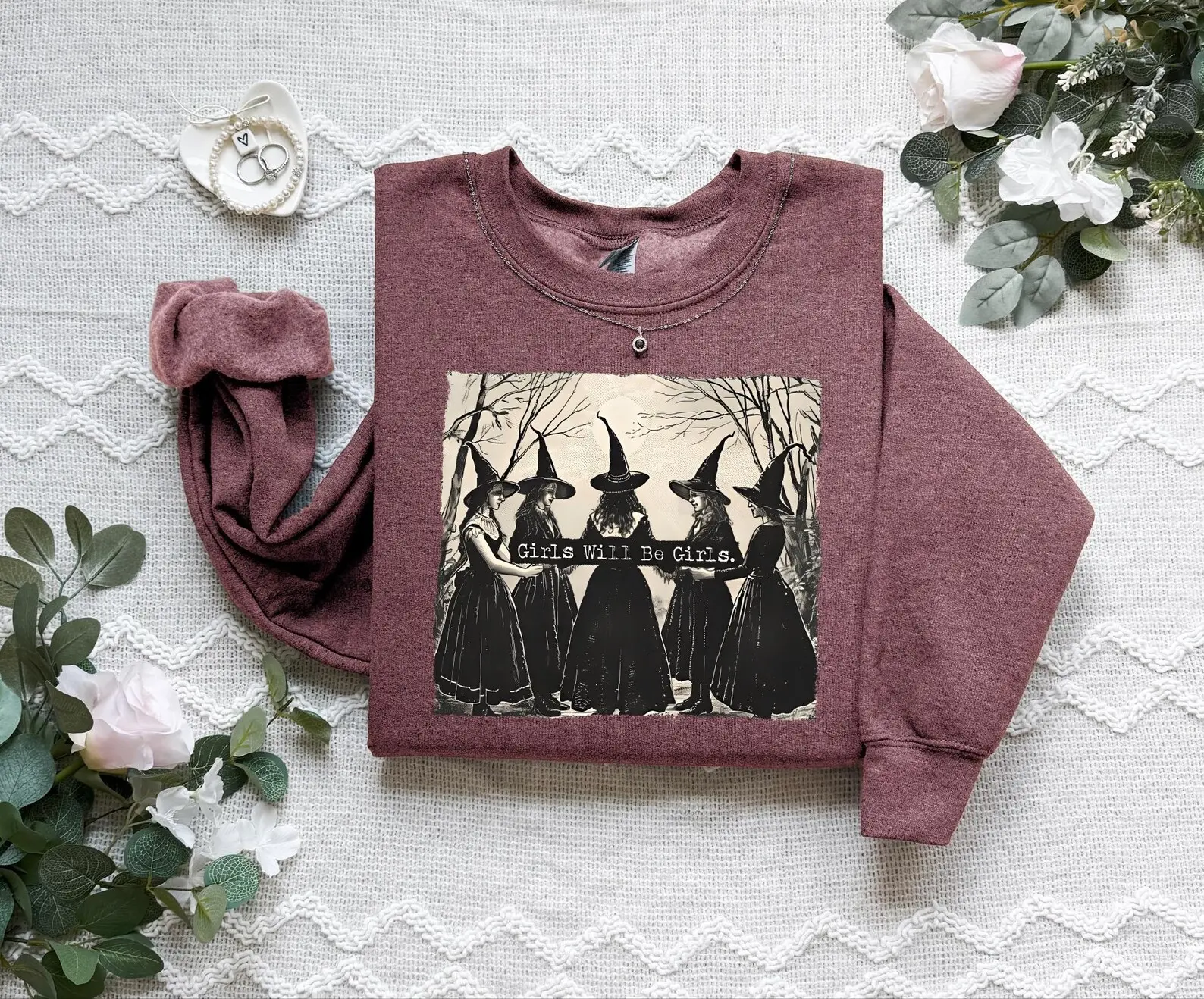 Girls Will Be Girls Witch Sweatshirt, Funny Witch Sweatshirt, Retro Halloween Shirt, Witchy Vibes Sweatshirt, Womens Halloween Shirt