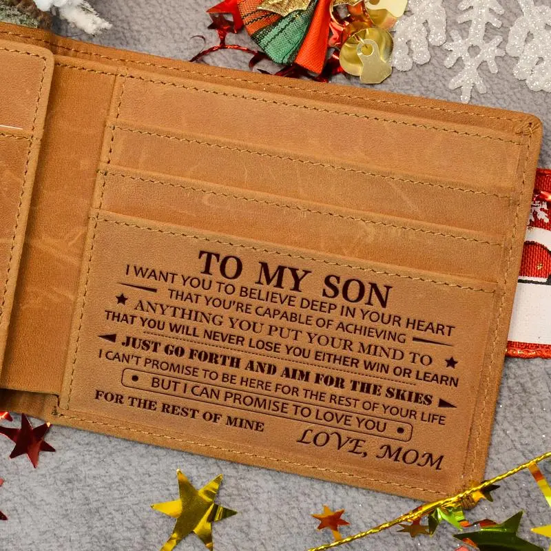 Men's Genuine Leather Customizable Engraved Bifold Wallet - Dad to Son Mom to Son Custom Gift, 6 Credit Card Slots, Flip ID Windows, 2 Slip Pockets, 1 Full-Length Bill Compartment - Birthday Christmas Present