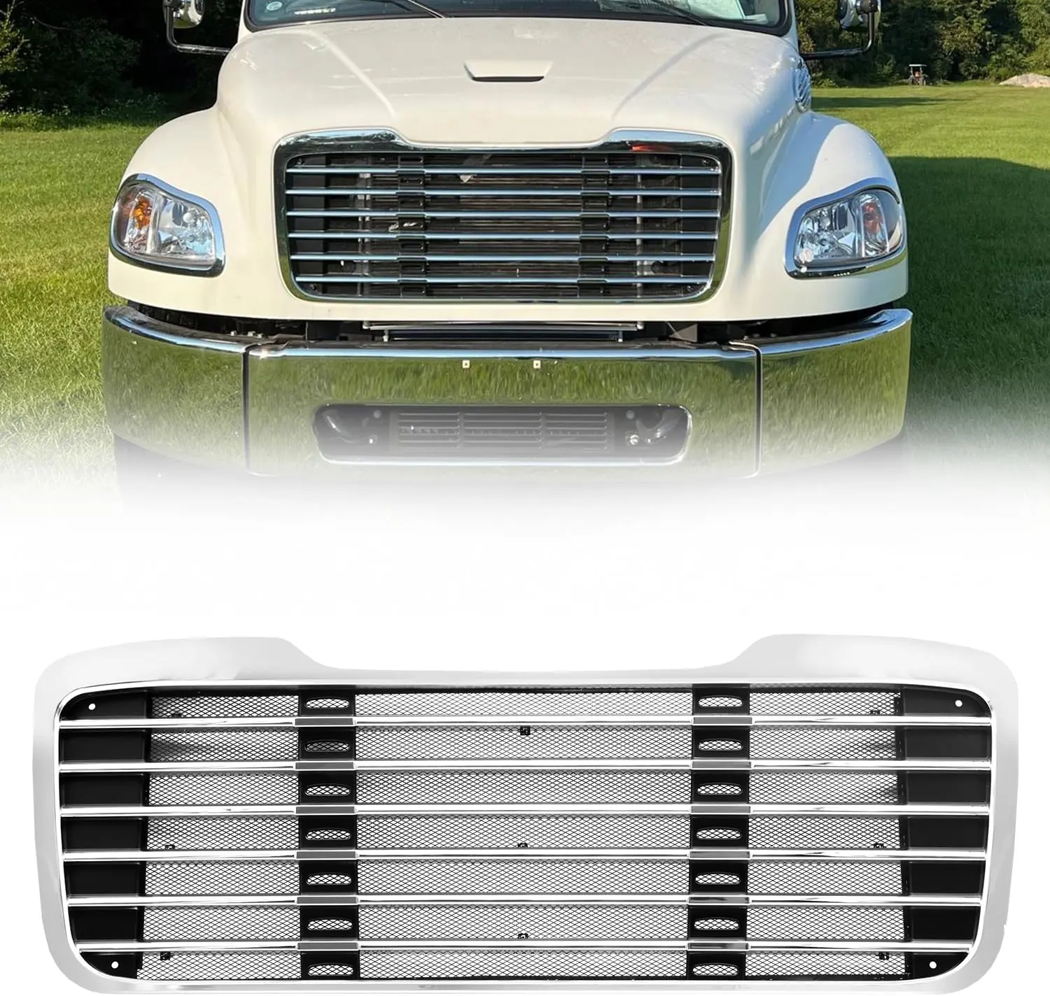Chrome Finish Front Radiator Hood Grille with Built-in Bug Screen, Aftermarket Replacement Fit for 2003-2015 Freightliner M2 100 106 112 Heavy Duty Semi Trucks