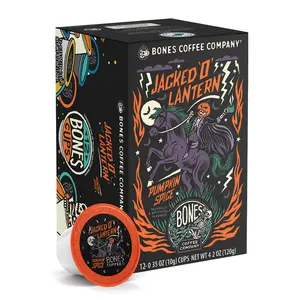 Bones Coffee Company Jacked O' Lantern, Pumpkin Spice Flavored Pods | 12ct Kcups Bean Beverage