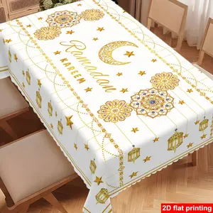 1pc Islamic Ramadan & Eid Tablecloth with Arabic Lantern & Crescent Moon - Ramadan Prayer Table Cover, Polyester Rectangular Muslim Dining Decor Suitable for Ramadan and Eid -Fitr