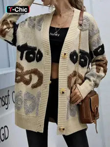 Women's Letter Jacquard Drop Shoulder Cardigan, Casual Long Sleeve V Neck Button Front Fit Knitwear for Spring & Fall, Fashion Women's Knit Clothing for Daily Wear, Womenswear, Tops, Knitting, Sweater Knitwear, 1 Piece, Lady, Medium