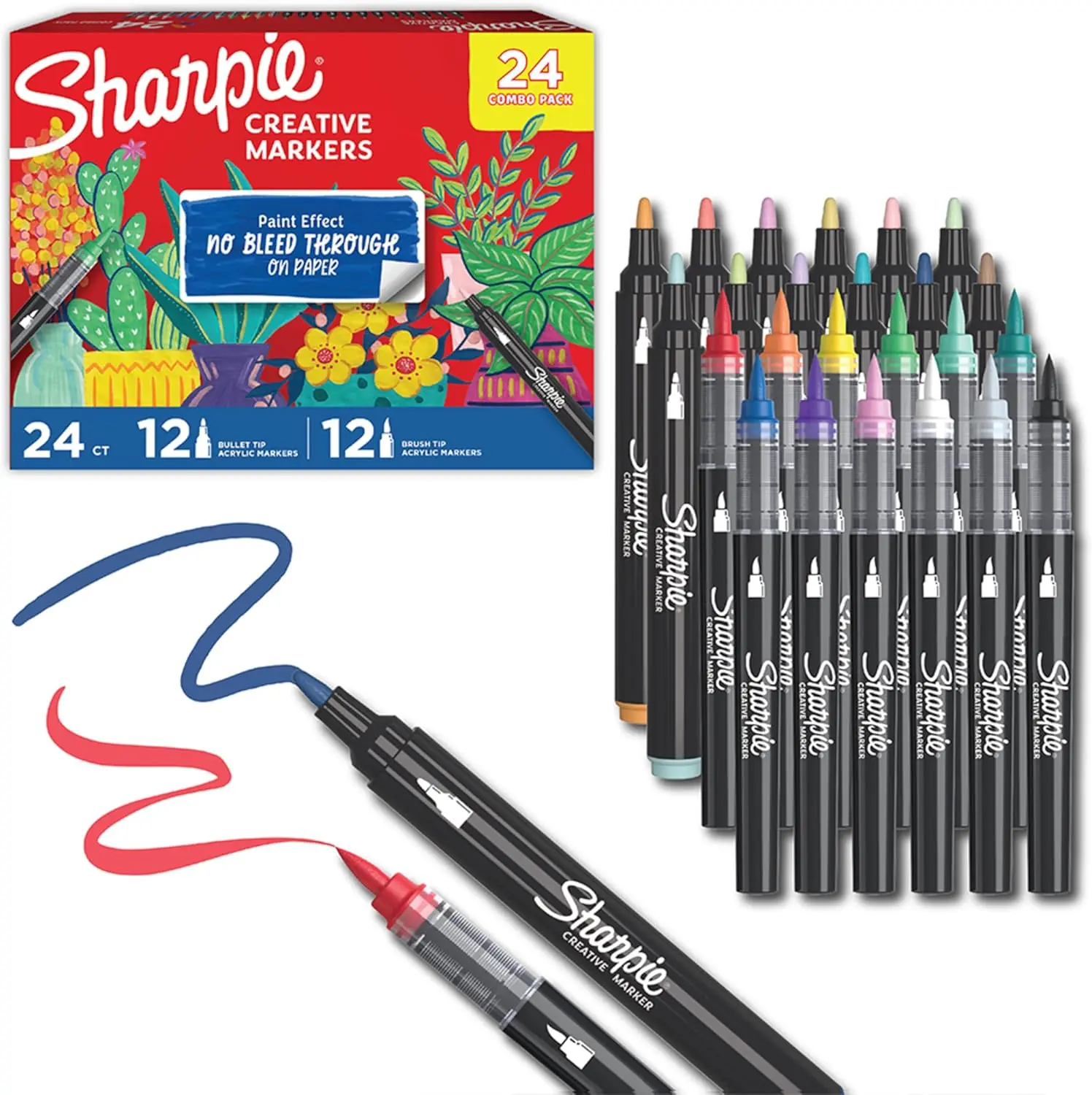 Sharpie Creative Markers Combo Pack - 24 Count Water-Based Acrylic Markers with Bullet & Brush Tips, Assorted Colors Including Earth Tones, for Classroom Use, Dries Quickly, Low Odor, Prevents Smears and Smudges, Bulk Markers, Colorful Marker Pen