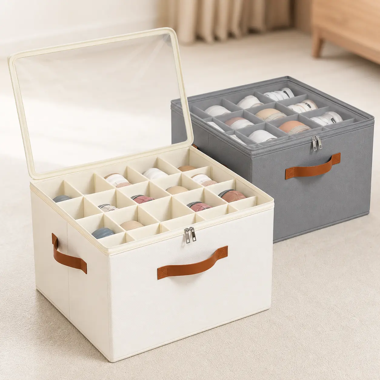 16 Compartment Shoe Organizer for Closet, Large Foldable Fabric Storage Bin with Adjustable Dividers, Clear PVC Zippered Lid and Reinforced Carry Handles, Holds Up to 16 Pairs of Shoes for Bedroom, Entryway, Wardrobe and College Dorm Organization