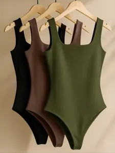 Women's 3 Piece New Knitted Solid Color Square Neck High Waist Slimming Bodycon Soft Breathable Casual All Match Daily Wear Jumpsuit