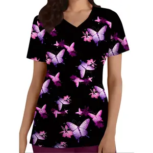 Women's V-Neck Scrub Top with Purple Butterfly 3D Print - Elegant Short Sleeve Medical Uniform with Pockets, Breathable Polyester, Machine Washable