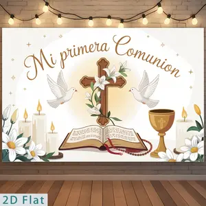2D Flat - 2D Flat - A Flat 2D Banner for Parties, Featuring a Single Polyester Backdrop Designed for First Communion, Adorned with Floral Wreaths, Doves, And a Cross. Suitable for Decorating Farms, Rooms, Ga