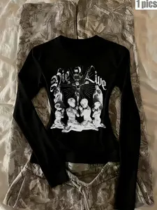 Women's summer gothic metallic print slim-fit long-sleeved top, gothic rock style, slim fit, suitable for everyday casual sportswear/concert attire.